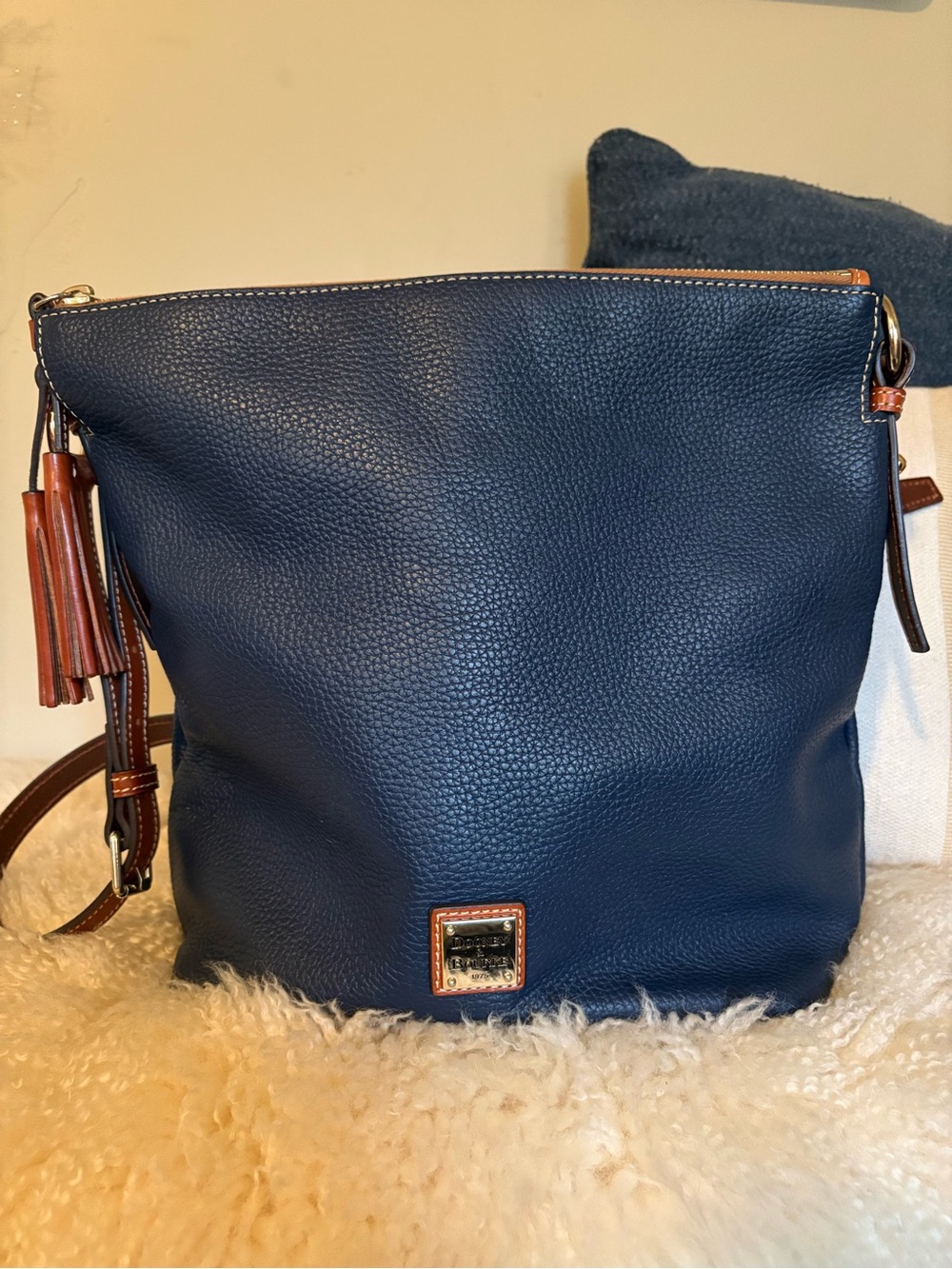 Dooney & Bourke Navy Pebble Leather Crossbody with Brown Trim
